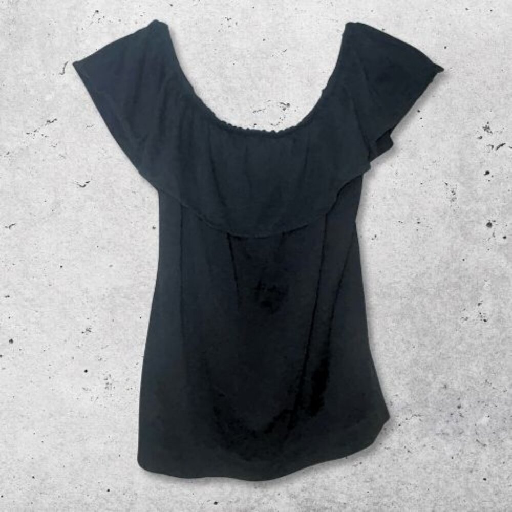 J.Crew Off Shoulder Blouse Pullover Ruffled Neckline Short Sleeves Black W Small
